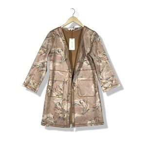 Solitaire Open Front Duster Coat Womens Small Brown Faux Suede Boho Floral New